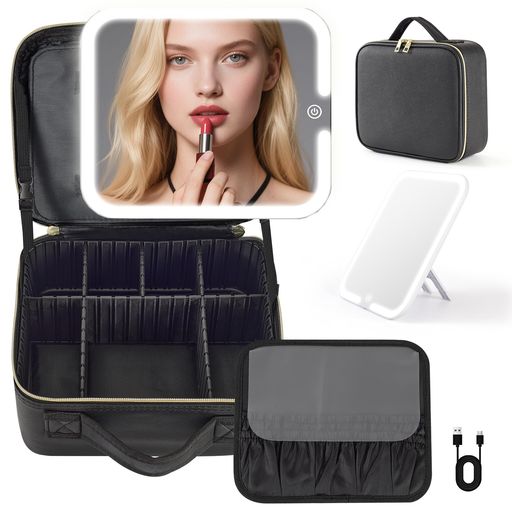 【メイクボックスのライト付きミラーは着脱可能】強力マジックテープにより、鏡がメイクボックスに着脱可能で、卓上鏡として使用可能です。卓上ミラーには360°回転でき、角度を自由に固定することができます。鏡をお好みの角度・向きを設定することができます。暗い場所でもメイク環境を実現します。 【充電式2000mAh大容量ライト付きミラー】昼光色/昼白色/電球色の3つの光モードをワンタッチで切り替えます。長押しで明るさを無段階調整します。ミラーのメモリー機能が前回の明るさと色を記憶するので、毎回の設定が不要で便利です。付属Type-Cケーブルですぐ充電可能です。化粧鏡は1回の充電で7日間使用できます。 【調整可能仕切りで完璧なコスメ収納】このメイク収納ボックスは6枚のABS仕切りが可動で、スキンケア用品や化粧品などを分類整理し、コスメ収納効率を最大化します。そして、使うときにすぐに必要なアイテムを瞬時に取り出せます。付属したメイクブラシケースはブラシなどの化粧道具をスッキリ収納できます。 【PUレザー製&amp;防水・自立式メイクポーチ】高級感のあるPUレザー素材で汚れを防止します。
