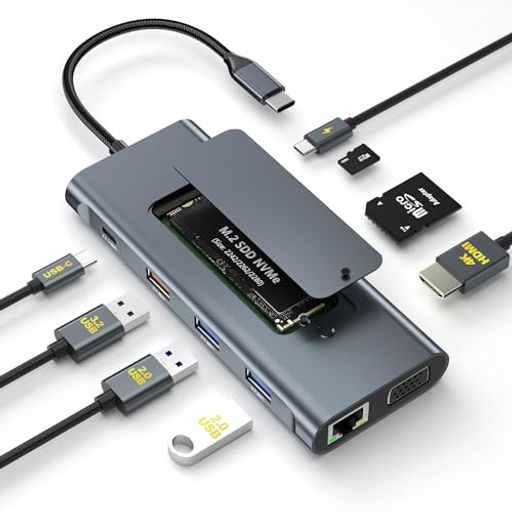【11-IN-1 M.2 SSD 外付けケースー付きUSB Cハブ】 M.2 SSD 外付けケース付きUSB-Cハブは、SSDケースとUSBドッキングステーションを一体化した革新的な進化形です。従来の枠組みを打ち破り、M.2 NVMe対応のSSDで新たな可能性を拓きます。このUSB C ハブを使用すると、2xUSB-A2.0ポート、1xHDMIポート、1xVGA ポート、1xLAN ポート 、1x10Gbps USB-Aポートおよび1x10GbpsUSB-Cポート、1xSD/TFカードスロット、1x100W PDポートが利用できます。このデバイスはドッキングステーションとしても、SSDエンクロージャーとしても使用でき、仕事や生活をより便利にする多機能設計です。 【4K高画質 &amp; マルチデバイス互換】このThunderbolt 3ドッキングステーションがHDMI ポートのみを使用する場合、最大 4K @ 30Hz の出力解像度をサポートします。VGA ポートのみが接続されている場合、最大解像度は 1920x1080 @ 60Hz です。HDMIとVGAの両方が同時に機能している場合、最大解像度は1080pです。