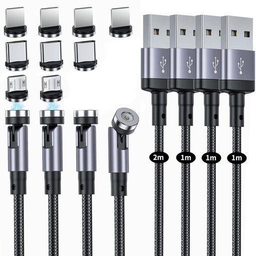 【L字型コネクタ&amp;540°回転式】充電ケーブルとコネクタの接続部分は360°回転可能で、コネクタ側は180°回転でき、合計540°の回転が可能です。L字型のデザインにより、回転角度を自由に調整でき、クルクル回して充電をより自由にお楽...