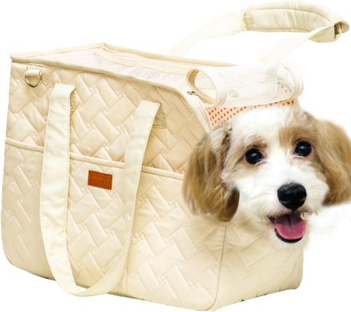 ペットキャリーバッグ犬猫小型犬うさぎ2WAY布製顔出しトートショルダーお出かけ防災折りたたみマット付き飛び出し防止(ベージュ)