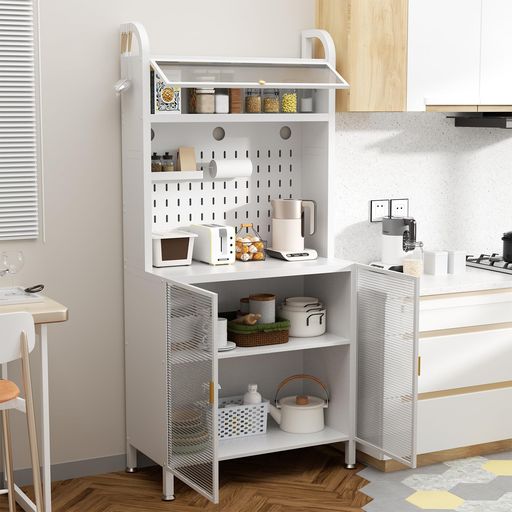 食器棚キッチン収納5段収納棚カップボード家電収納調味料ラック、作業台、収納キャビネットを一体化15x15mmの厚みのある角型スチールパイプ素材を採用小さな部屋や狭いスペース、キッ…