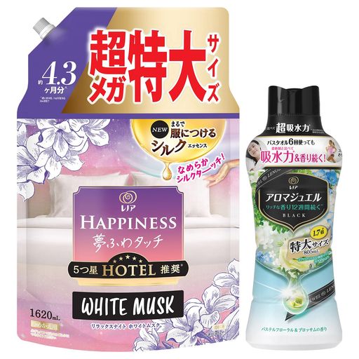 ソフトニング 新レノアハピネス夢ふわタッチは、5つ星ホテルも認めた香りも肌ざわり。レノアハピネス夢ふわタッチで、おうちにいながら5つ星ホテルの贅沢を体験してください。 秋冬は乾燥しやすいから、ニットのゴワゴワ・チクチクが気になりがち...新レノアハピネス夢ふわタッチなら、衣類をシルクの様になめらかに洗い上げるから、ニットももうチクチクしない*! (*コットンニットで検証) 最高量*1の柔軟成分を配合しているから、5つ星ホテルタオルのような肌ざわりを83%が実感*2しています。(*1 過去10年レノアハピネスにおいて、*2 「華やかに香るアンティークローズの香り」使用。P&amp;G消費者調査[N=108]による) アロマジュエルなら柔軟剤に比べて超吸水*。バスタオルやハンドタオルを6回使っても吸水力&amp;香り続く! (*当社柔軟剤比。複数回洗濯後。) 香り付けビーズだから、香りが12週間長続き*! お気に入りのヘビロテ服*1の香りが6回着ても新鮮なまま*2。(*保管状態にて。*1 1回洗濯してから次の洗濯までに3-4回着回す服のことを指します。*2 消費者テストでカーディガンを検証。
