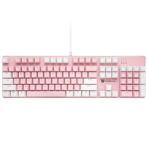 Merdia メカニカル式ゲーミングキーボード 全104キーボード US配列 USB有線キーボード LEDバックライト付き (青軸-ホワイトとピンク)