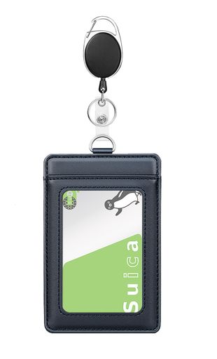 Case - パスケースリール付き黒最大60cm伸縮コード付き定期入れIDカードホルダーICカードネームレザー通勤通学学校電車ストラップ薄型男女兼用ブラック(ブラック(本革))