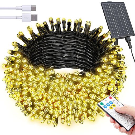 SOLARBABYソーラークリスマスライト屋外300個のLEDソーラーフェアリーライト屋外19つのモード防水ストリングライト庭、パーティー、休日、クリスマスツリーのクリスマスデコレー(ウォーム…