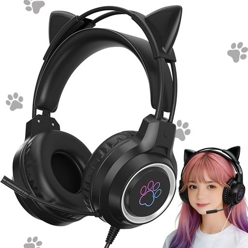 YIK TUNG ヘッドホン 猫耳ヘッドホン ゲーミングヘッドセット 有線ヘッドフォン40MMスピーカー RGBライト付き USBポート マイク付き 柔らかい保護カバー 良い音質 調整可能なサイズ かわいい …