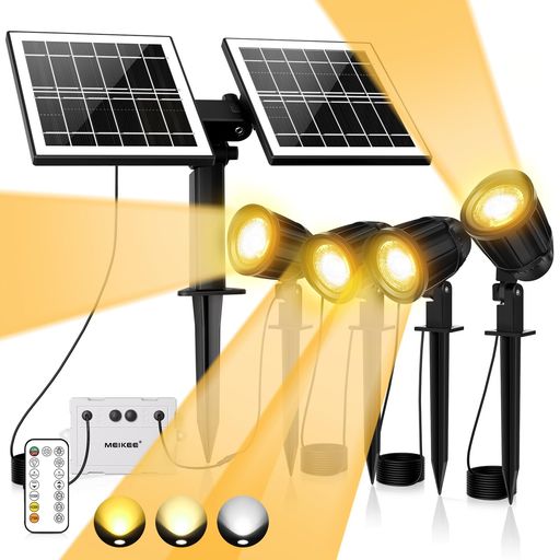 屋外 💡【素敵な光束で、夜の暗闇に眠った庭、花壇などを暖かくにする】夜間、樹木をライトアップすると、幻想的な美しさを感じたり、暗がりがなくなることで安全面も向上し、安心感も得られます。また、夜だからこそ出来る「影」の演出や、樹木を彩る光のグラデーションなど昼間とは異なる趣を楽しむこともできます。MEIKEEガーデンライトは市場の単色ライトと違い、2700K~6500Kを調整可能ですので、自分の場合による光色を調節できます。庭の雰囲気が明るく華やかな印象になります。 💡【リモコン操作便利】リモコン付き、もっと豊富な機能を備えております。1ソーラーパネルが明暗センサーを搭載しているので、ライトは夜になると自動点灯、夜明けになると自動消灯、手間がかからず便利です。22時間強制点灯モードあり、このモードでは昼夜を問わず設定すれば2時間点灯します。3色温度は6500K~2700K無段階調整することができます。またワンボタンで6500K/4000K/2700Kを切り替えることも出来ます。4タイマー機能付き:2時間/4時間/6時間点灯した後に自動消灯することを設定出来ます。