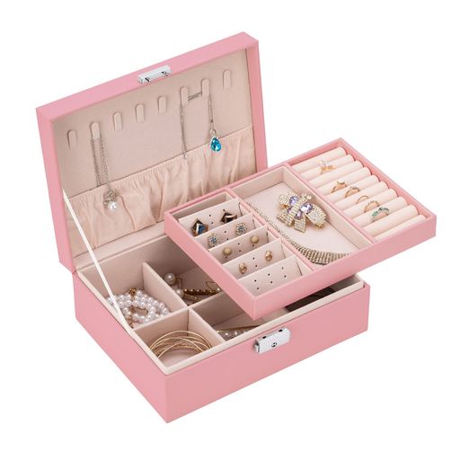 SMILESHE ジュエリー ボックス 大容量 2段 ジュエリー収納 宝石箱 女性 2層ジュエリーケース アクセサリーケース アクセサリー 収納 オーガナイザー 分割 取り外しトレイ付き 小物入れ 着脱式の仕切り付き リング