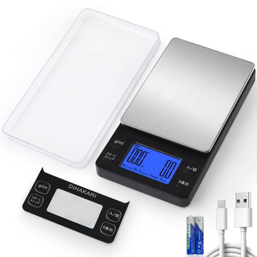 DIHAKARIポケットコーヒースケール小型計量器デジタルはかりミニキッチン計りコンパクト防水シール付き2kg0.1g単位ドリップ秤携帯タイプTYPE-C充電測りタイマー機能電子計りブラック