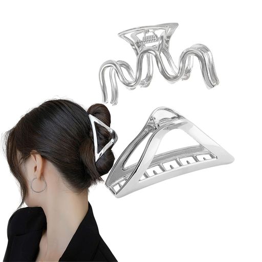 Rakuten - shefunヘアクリップ大きめ金属ヘアクローしっかりとまる髪留めバンスクリップ強力メタル銀色2個セット大レディースクリップ髪飾りJP246
