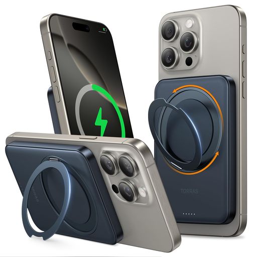 TORRAS モバイル バッテリー【超軽量·360°回転スタンド】 MagSafe対応 軽量 小型 マグセーフ 薄型 ワイヤレス充電器 マグネット式 急速充電 2台同時充電 5000mAh スタンド付き PSE認証済み iPhone
