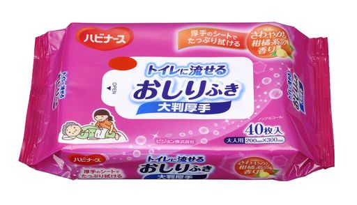 トイレに流せるおしりふき大判厚手 ハビナース 40枚入 介護 大人用 高齢者 柑橘系の香り ノンアルコール 200×300MM 日本製 1005634
