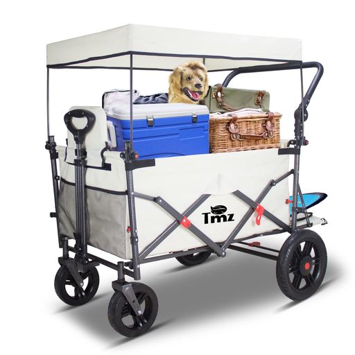 Rakuten - TMZキャリーワゴン折りたたみ式アウトドアワゴン、シートとシートベルト付き多機能カート、荷室開閉と拡張可能、フロントハンドル+リアプッシュハンドル、四輪取り外し可能、ストッ…