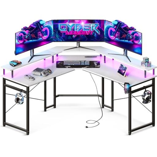 ODKゲーミングデスクコンセント付きパソコンデスク机幅129収納desk仕事用l字デスク在宅勤務組立簡単ホワイト