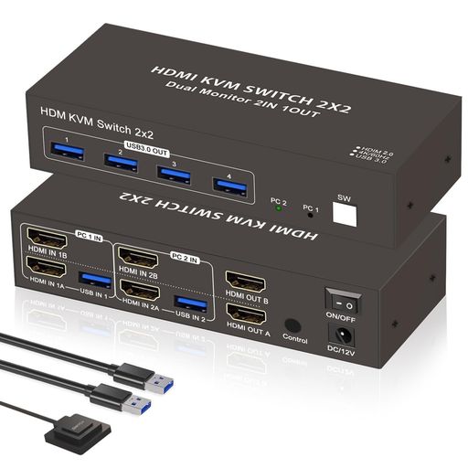 【2モニター同時出力】HDMIKVM切替器2PC切替4K60HzUSB3.04出力VMスイッチャーキーボードマウス共有デュ..