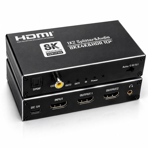 【HDMI2.1 規格対応・高画質出力】8K@60Hz、4K@120Hz、4K@60Hz HDR10+、Dolby Vision に対応。1 つの HDMI 信号を 2 台のディスプレイへ同時出力可能。ゲーム機、パソコンの高リフレッシュレート映像を劣化なく伝送します。※注意:2 台ディスプレイ解像度は同じになります。8K60Hz、4K120Hzで出力するには、Ultraハイスピード対応HDMIケーブルが必要です。※120Hzを出力するには、120Hz対応のゲームソフト、ケーブル、入力機器、出力機器が必要です。) 【便利なオーディオ分離機能】 HDMI 映像から音声だけを抽出。同軸・光デジタル (SPDIF) と 3.5mm オーディオジャックの 2 系統出力に対応。サウンドバー、アンプ、ヘッドホンなどへ音声を別途出力可能。ディスプレイのスピーカー性能に依存せず高音質再生を実現します。 【音声フォーマット切替スイッチ搭載】 本体側面のスイッチで「Auto / 2.0CH / 5.1CH」の音声モードを手動切り替え。接続機器に合わせて音声出力形式を調整でき、音声が出ない・音声遅延などのトラブルを回避します。