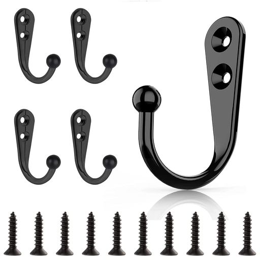 LIKENNY壁掛けフックウォールフック鍵ホック高耐荷重キッチン用寝間玄関浴室取り付けネジ付き帽子洋服掛けネジフック5個セット(ブラック)