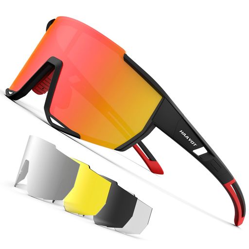 [Startop]スポーツサングラスロードバイクサングラス5枚レンズ交換式偏光UV400完全遮断野球/ランニング/釣り/運転用男女兼用超軽量TR90フレーム黒&赤(4)