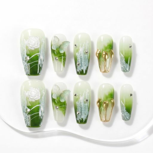 Sun&Beam Nails 手作り ネイルチップ ミディアム ロング バレリーナ 緑 グリーン ...