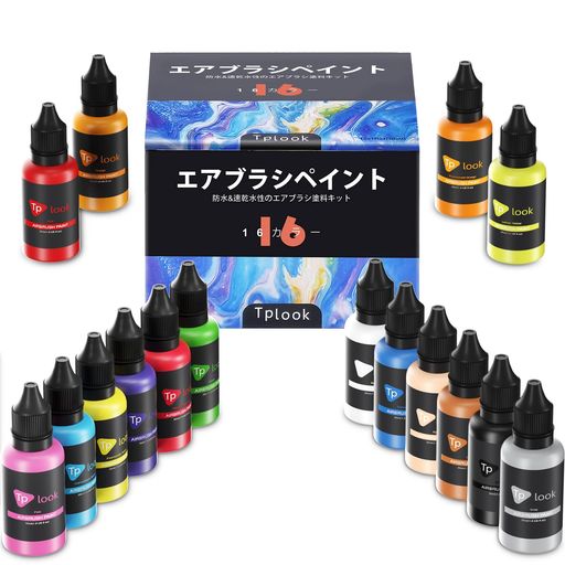 Tplookエアブラシ塗料16色アクリルエアブラシ塗料セット(30ml/1オンス)不透明&ネオンカラーの希釈は、プラスチックモデルセラミックキャンバス紙のための水ベースの防水クイック乾燥を必…