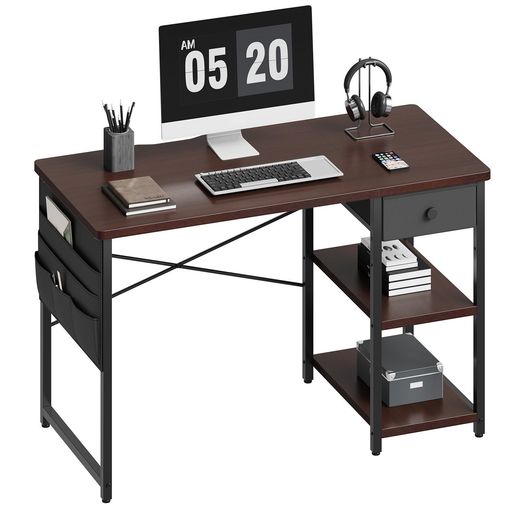 YeTom pcデスク 机 パソコンデスク 幅100cm ラック付きデスク 布製引き出し付き 勉強机 左右入替可 テレワーク ダークブラウン