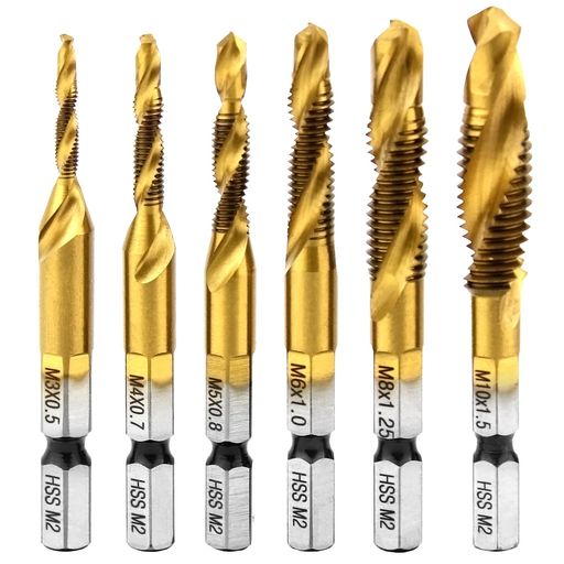 【商品仕様】材質:ハイス鋼(HSS)、硬度が高いです。サイズ:M3x0.5、M4x0.7、M5x0.8、M6x1.0、M8x1.25、M10x1.5の6本セットです。いろんな機種がありますから、いつでも自分のニーズに対して、自由に選択できます。インパクトドライバーやドリルドライバーなどに適用。 【高速切削】チタンコーティングの表面処理で、高速度鋼が耐摩耗性の欠点を補って耐摩耗性を強化した。耐摩耗性、耐熱性に優れており抜群の切れ味、耐久性を持っている。 【効率性の向上】一本で穴あけ、タッピングおよびバリ取り、カウンターシンクの役を兼ね備えた優秀なツール。手間と時間を大幅に削減することができます。スパイラル機構なので切粉を上方向に排出。仕事の効率をよく高めました。 【使いやすい】木材、pvcプラスチックの上でドリル、タップ、バリ取り、カウンターシンク行うことができます。穴あけ、タッピングと面取りの機能を備えて、時間を大幅に削減できて、仕事をもっと楽にします。 【幅広い用途】:アルミ板、木材、ビニル、樹脂等の穴あけ、家庭用DIY、下穴の拡大、家庭とお仕事の常備アイテム。