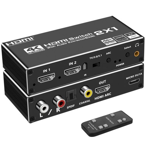 【HDMI 切り替え2入力1出力及び音声分離】-4K@60Hz HDMI音声分離器は、2つのHDMI2.0デバイスを1つのモニター或はプロジェクターに自由に切り替えるだけではなく、toslink + L / R +同軸オーディオ出力チャンネルによってオーディオの分離を支持します。このHDMI 音声分離器 arc対応は、オーディオの信号を分離した後、品質の低下はありませんDolby Digitalでの音声出力は完璧です。家でもホームシアターを楽しむことができます。 【ウルトラHD 4K@60Hz視覚的な楽しみ】 このHDMI切替器はHDCP 2.2、HDMI2.0b 4K@60Hz RGB 4 : 4 : 4をサポートします。フルHD、UHD、HDTV、ディープカラーを36ビットにサポートします。また4K@30HZ及び1080 pと互換性があります。