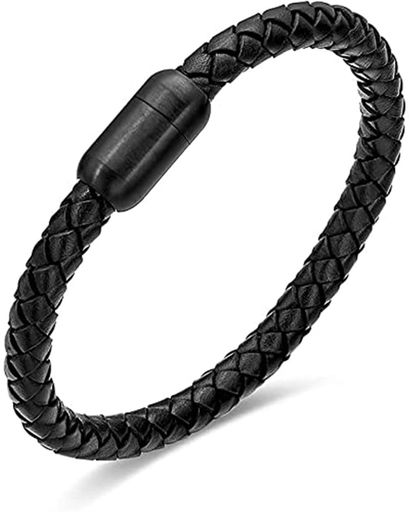 ブラックメンズプレミアム本革ブレスレット「Shine」|のステンレススチールマグネットクラスプ|メンズブレスレットファッション腕輪ブレスレットバングルプレゼントに最適のプレゼン…