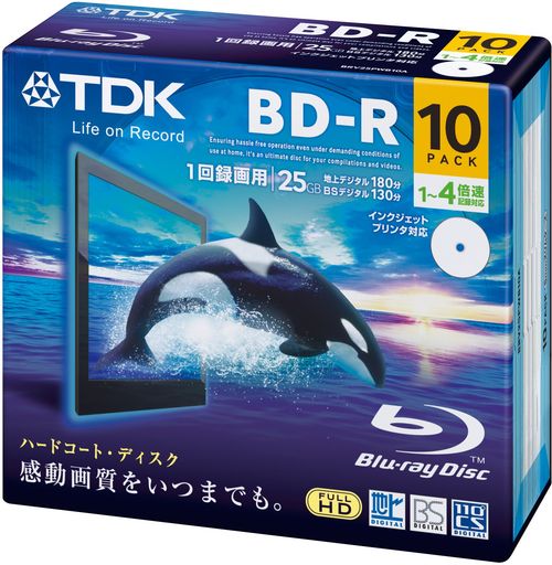 TDK録画用ブルーレイディスクBD-R25GB1-4倍速ホワイトワイドプリンタブル10枚5mmスリムケースBRV25PWB10A