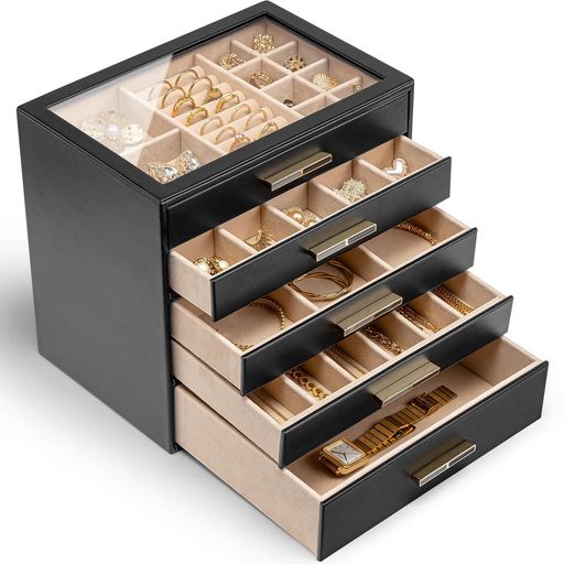 Vlando誕生日プレゼント大容量5層ジュエリーボックス木製引き出し収納ボックスホワイト引き出し(ブラック)