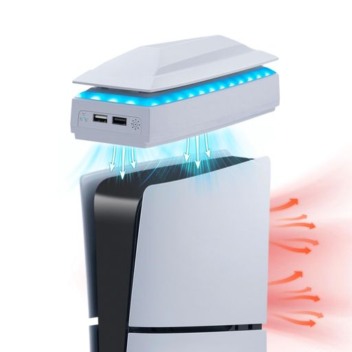 【Slim専用・縦置きで補助送風】この冷却ファンはPS5 Slimのディスク版とデジタル版に対応し、縦置き本体の上部へ設置します。旧型PS5、PS5 Pro、横置きには対応しません。上部からの送風を補助する外付けタイプです。 【手動で3段階の風速を選択】前面タッチスイッチで低速・中速・高速を切り替え、インジケーターで選択した風速を確認できます。温度を自動検知する機能はありません。設置場所の通気を確保し、冷却ファンの周囲を塞がずにお使いください。 【USBポートの用途を分けて使用】本体背面のUSBポートから冷却ファンへ給電し、ファン前面のUSB 2.0ポート2基を使えます。黒いポートは充電とデータ転送、白いポートは充電専用で、接続する周辺機器に合わせて選べます。 【上部の防塵設計】冷却ファンがダストカバーを兼ねる構造で、上面から落ちるホコリやペットの毛などの異物を抑えます。本体上面にファンを載せ、USBを接続する設置方法のため、本体を分解せずに取り付けられます。 【ライトで設置スペースを演出】右側のタッチスイッチでRGBライトを操作し、6つの個別カラーを選べます。冷却ファン1台と取扱説明書1冊を同梱しています。