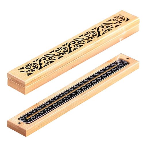 Aquafixお香立て横置き線香立て線香皿木製フタステンレスネット付き茶道用品竹細工透かし彫り和風安全防火瞑想/睡眠/スパヨガ/読書/仏..