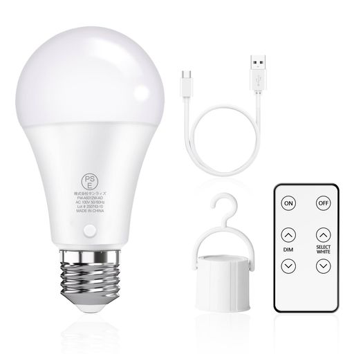 【リモコン操作で、調光や調色が可能】停電時や電球を取り外し後、付属赤外線リモコンで操作が可能。電球上のスイッチで、ON/OFF切り替え4段調光設定ができます。電球上のリモコンセンサーにリモコンを向ければON/OFF切り替え、リモコンで調光ができるだけでなく、5色調色【2700K-3000K-3500K-4000K-5000K】が可能です。※通電時でリモコン操作不可(安全規格のため)【高輝度60形相当LED電球】:LED電球は通常点灯状態(AC)時、約800ルーメン、白熱電球60形相当で、明るさ十分です。緊急状態(DC)時、約200ルーメン、節電のため、通常より少し暗くなりますが、明るさも十分です。 【長時間点灯】大容量バッテリーを内蔵し、最長9時間の連続点灯が可能。いざという時も安心です。付属の USB ケーブルを使用すると簡単に充電でき、必要なときにいつでも中断のない照明が保証されます。演色性90以上で、物の色を自然に再現するため、目に優しく長時間使用しても疲れにくい設計です。 【簡易ランタンや懐中電灯などにするのが可能】日常時の省エネ電球、停電時スイッチを押して点灯。