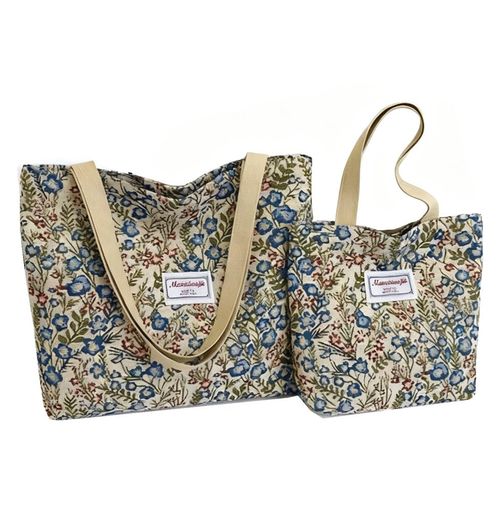 [KKAERDIYA] フローラル キャンバス トートバッグ, 2個セット ピンク/ブルー花柄, 大容量 ショッピングバッグ・普段使い用 (PK) (BL)