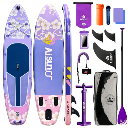 【AISUNSS フラワーパドルボード】 - 長さ10.6フィート(約323cm) x 幅33インチ(約84cm) x 厚さ6インチ(約15cm)、耐荷重最大380ポンド(約172kg)。幅広のSUPボード設計により、初心者でも簡単に立ち上がり、バランスを保つことができます。あらゆるスキルレベルや幅広い年齢層の愛好家に最適なボードです。 【安定性とプレミアム素材】 - 高品質なミリタリーグレードのPVCドロップステッチ素材を使用。柔らかく滑りにくいEVAデッキが、スタンディング時の安定性と安全性を大幅に向上させます。長時間のSUPパドリングでも非常に快適です。 【軽量&amp;素早いセットアップ】 - 空気入れ・空気抜きにかかる時間はわずか5分。AISUNSSパドルボード本体の重量はわずか19ポンド(約8.6kg)です。持ち運びや運搬が非常に簡単で、女性の方にも扱いやすい設計です。