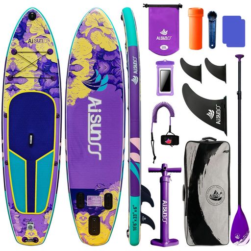 【AISUNSS フラワーパドルボード】 - 長さ10.6フィート(約323cm) x 幅33インチ(約84cm) x 厚さ6インチ(約15cm)、耐荷重最大380ポンド(約172kg)。幅広のSUPボード設計により、初心者でも簡単に立ち上がり、バランスを保つことができます。あらゆるスキルレベルや幅広い年齢層の愛好家に最適なボードです。 【安定性とプレミアム素材】 - 高品質なミリタリーグレードのPVCドロップステッチ素材を使用。柔らかく滑りにくいEVAデッキが、スタンディング時の安定性と安全性を大幅に向上させます。長時間のSUPパドリングでも非常に快適です。 【軽量&amp;素早いセットアップ】 - 空気入れ・空気抜きにかかる時間はわずか5分。AISUNSSパドルボード本体の重量はわずか19ポンド(約8.6kg)です。持ち運びや運搬が非常に簡単で、女性の方にも扱いやすい設計です。