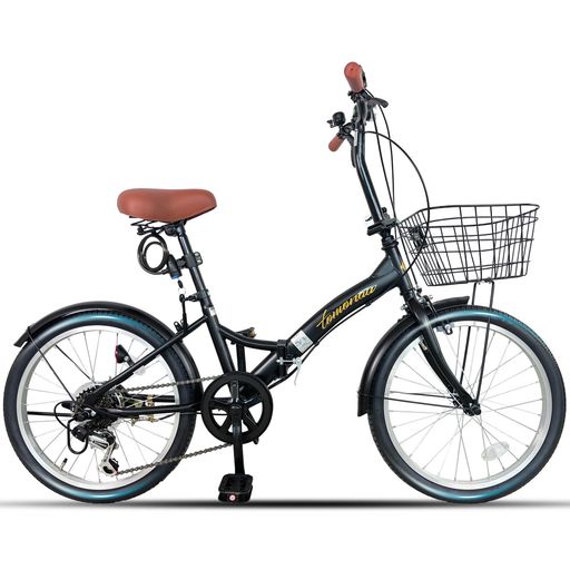 TOMONAU折り畳み自転車耐パンクタイヤ防災サイクル20インチノーパンクタイヤ折りたたみ自転車6段変速カゴワイヤー錠ライト付き通勤通学街乗前後泥除け装備ハンドルの高さ調節できる小…