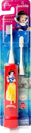 ディズニープリンセスがデザインされた乾電池式の電動歯ブラシです。 やわらかめ 超薄型コンパクドヘッド/フラット/三列植毛/替ブラシ1本付き
