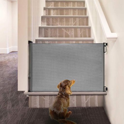 ZYLKEKL自動収縮ペットゲートベビーゲート140X86CMロール巻き取り式穴開けない折りたたみ犬猫柵ペット簡単組立室内玄関台所出入り口、階段、廊下、屋内/屋外の子供の安全ゲート(グレー)