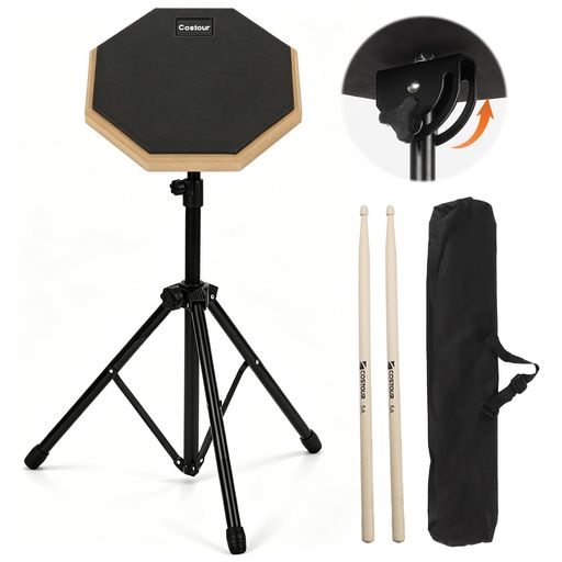 【商品仕様】 セット内容:8インチドラムパッドx1、スタンドx1、5Aドラムスティックx2、収納袋x1。このドラムパッドセットは、音を出さずに実際にドラムを叩いているように基礎練習ができるので、正確なリズム感やスティックテクニックを身につけることができます。 【静音ゴムドラムパッド】ドラムパッドは高品質な木材を使用し、打面は高反発と吸音性に優れたラバーパッドで覆われており、耐摩耗性にも優れているので、夜間の練習でも騒音を気にする必要がありません、裏面の滑り止めパッドは振動や手首の疲れをスムーズに軽減してくれます、テーブルやスネアドラム、スネタスタンドの上に置いて練習することが可能です。 【高さ調節可能なスタンド】ドラムパッドスタンドは、安定感のある3本脚のスタンドで、高さを55cm~90cmに調節できるので、身長の異なる方にもお使いいただけます。 スタンドの上部は様々な角度に調整でき、また、折りたたんで縮めることもでき、便利な収納袋も付いているので、外出先でも簡単に収納・使用できます。