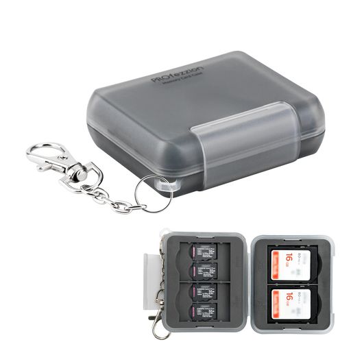 PROfezzion4枚SDカードケースmicrosdケース[SDカード*4枚+マイクロsdカード*8枚]SDメモリーカードケースSDXCカードSDHCカード保存防水防塵クッション素材耐衝撃携帯便利カラビナ付き