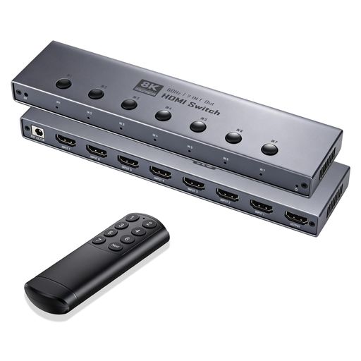 【8K 60Hz HDMI 2.1 切替器 7 入力 1 出力・アルミ筐体】高耐久アルミ合金筐体を採用した HDMI 2.1 切替器。7 台の HDMI 機器を 1 台のディスプレイに集約し、解像度劣化なく鮮明な映像・音声を伝送。画面ちらつきや信号途切れを完全ブロック。ケーブルの抜き差し不要、本体ワンボタンで機器切り替えが完了。仕事・ゲーム・動画鑑賞をシームレスに切り替えて楽しめます。 【8K 高解像度対応・最高 48Gbps 高速伝送】8K@60Hz / 4K@240Hz / 1080P@240Hz に対応、最高48Gbps の超高速伝送を実現。旧世代 HDMI 規格と下位互換。VRR・ダイナミック HDR10+・HDCP2.3・Dolby Vision に対応し、臨場感溢れる高精細映像と高音質を再現。※ 8K@60Hz・4K@240Hz 出力時は HDMI2.1 認定ケーブルのご使用を推奨します。 【プラグ &amp; プレイ・本体ボタン+赤外リモコン 2 種切替】面倒な設定不要、ワンボタンで入力ポートを簡単切り替え、LED ランプで現在選択中のポートを一目確認可能。