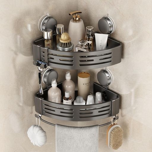 浴室ラック吸盤バスルームラックアルミニウムお風呂収納グレイシャンプーラックバスラック浴室用ラック錆びないタオルバーとフック付き2個VOLPONE