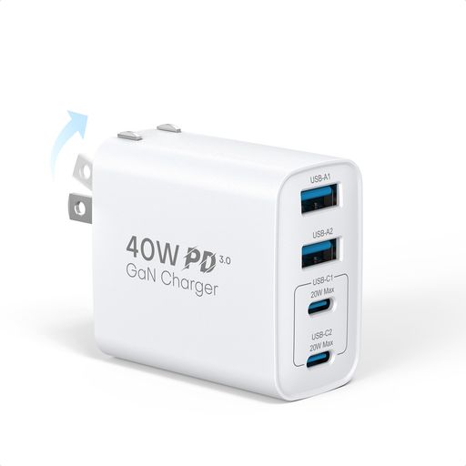 【合計40W USB充電器|2ポート同時高速充電対応】 このコンパクトな Type-C充電器 は、USB PD対応の2つのタイプc ポートを搭載し、2ポート利用時にも1つのポートから最大20W、2ポート合計最大40Wの出力が可能(USB-C1+USB-C2=20W+20W)、わずか 30 分で iPhone デバイスを 0% から 55% まで充電できます。ご注意:複数デバイスを同時接続時、新しいデバイスを接続/抜去すると、充電器はスマート保護システムにより各ポートの電力を自動再分配します。この際、電力変化によるデバイスへの影響を防ぐため、一時的な断電が発生する場合がありますが、充電はすぐに復旧します。全てのデバイスを安全に保護するための正常な動作プロセスです。 【旅行に最適な折り畳み式充電器】折りたたみ式プラグを採用し、どこにでも気軽に持ち運ぶことができます。充電器4ポートを搭載し、4台のデバイス同時充電に対応。 4in1充電器設計、外出時の携帯性はもちろん、オフィスや自宅でのデスクが一気にすっきり!複数デバイス所有者にこそ選ばれる1台です。