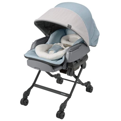 Highchair - COMBIコンビ電動ハイローチェアホワイトレーベルネムリラAUTOSWINGBEDiLongシェルEGミンティーブルー部屋の明かりを遮るスリープシェル搭載