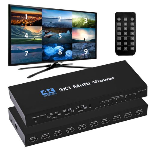 【HDMI 9x1画面分割器】このHDMI 9入力1入力画面分割切替器は、9系統のHD画面分割とシームレスな分割出力を備えた高性能切替器です。HDMI画面分割器の制御方法は器用で、ボタンとIR制御で切り替えることができます。取り付けが簡単な非常に実用的で安定した切替器です。パソコン、HDDレコーダーなどに適しています。主要なプロジェクト、会議場、その他の場所で使用できます。 【10分割モードとIRリモコン付き】HDMI画面分割器には9つの画面切り替えモードがあります。1つの設備で9つのHDMI設備の画像を同時に再生できます。10つの画面切り替えモードは、1 画面、2 画面、4 画面、8 画面、9 画面、4つ大画面 &amp; 5つ小画面、1つ大画面 &amp; 8つ小画面です。IRリモコンでパネルボタンやIRリモコンで入力信号を切り替えることができます。これは操作が非常に簡単です。(詳しい設定方法は商品画像を参照ください) 【4K/1080P高解像度】HDMI 4K@30Hz/ 1080P@60Hz、3D、HDMI 1.4は複数の解像度に対応。HDCP1.2、入力はDV1.0バージョンに対応。