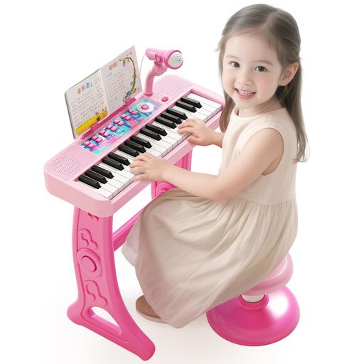 多機能ピアノキーボードおもちゃ: 37鍵、22曲内蔵デモ、4種類のリズム、4つの異なる楽器音を備えています。特筆すべきは、マイクとスツールが付属している点。お子様が本格的な音楽体験を楽しめるように設計されており、安定したスツールに座り、キーボードを弾きながらマイクで歌う――すべてを同時に楽しめます。クリスマスなどの贈り物として喜ばれる素敵なプレゼントです。 子供たちへの理想的な贈り物: お子様やお孫さん、お友達のお子様へのプレゼントにお探しですか?この教育用ピアノおもちゃは、機能と音質が強化されており、音楽学習の素晴らしいツールとなります。こどもの日、クリスマスなど、どんな特別な日にも喜ばれる一品です。ぜひこの機会にお迎えください。 女の子にぴったりの贈り物: かわいらしいピンクデザインのこのキーボードは、お子様が自らメロディを作り出す創造性を育みます。親子で一緒に遊びながら、手と目の協調性や親子の絆を深めるのに最適です。電子機器から離れて、楽しいピアノ遊びの時間をお楽しみください。 高品質で丈夫なピアノおもちゃ: 高品質ABS樹脂を使用し、すべての角が滑らかに加工されているので、小さな手にも優しい仕様です。