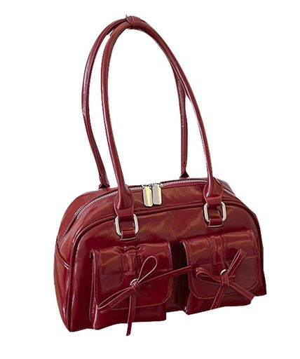 [KSLAT]リボン付き大容量バッグファッションショルダーバッグハンドバッグ手持ちバッグダブルポケットPUレザー脇の下バッグ肩掛けバッグソリッドカラー旅行Y2kスクールバッグ可愛い(FreeS…