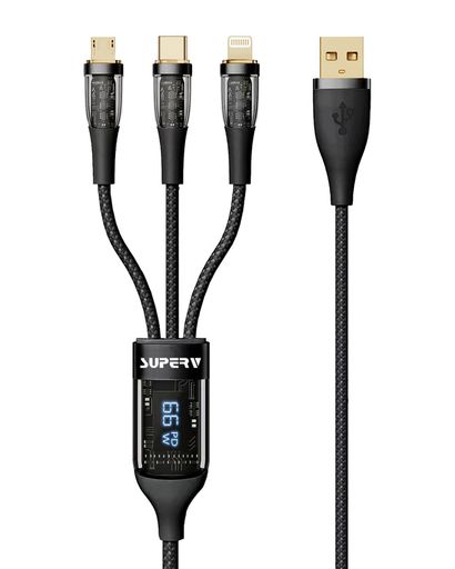 SUPERV 3-IN-1 USBケーブル、デジタルディスプレイ、66W 、6A、3A、2.5Aナイロン編みUSB A - USBタイプC/ライトニング/マイクロUSB 、120CM、IPHONE16/15/14/13/12/11、GALAXY SUPERV 3-IN-1 USBケーブル、デジタルディスプレイ、66W 、6A、3A、2.5Aナイロン編みUSB A - USBタイプC/ライトニング/マイクロUSB 、120CM、IPHONE16/15/14/13/12/11、GALAXY