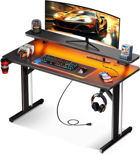 MOTPKゲーミングデスクLEDライト付きゲーミングテーブルデスク炭素繊維天板モニター台付きパソコンデスクフック付きコンセント付きゲーミング机ゲームデスク幅100cm*奥行50cm*高さ75cmブラ…